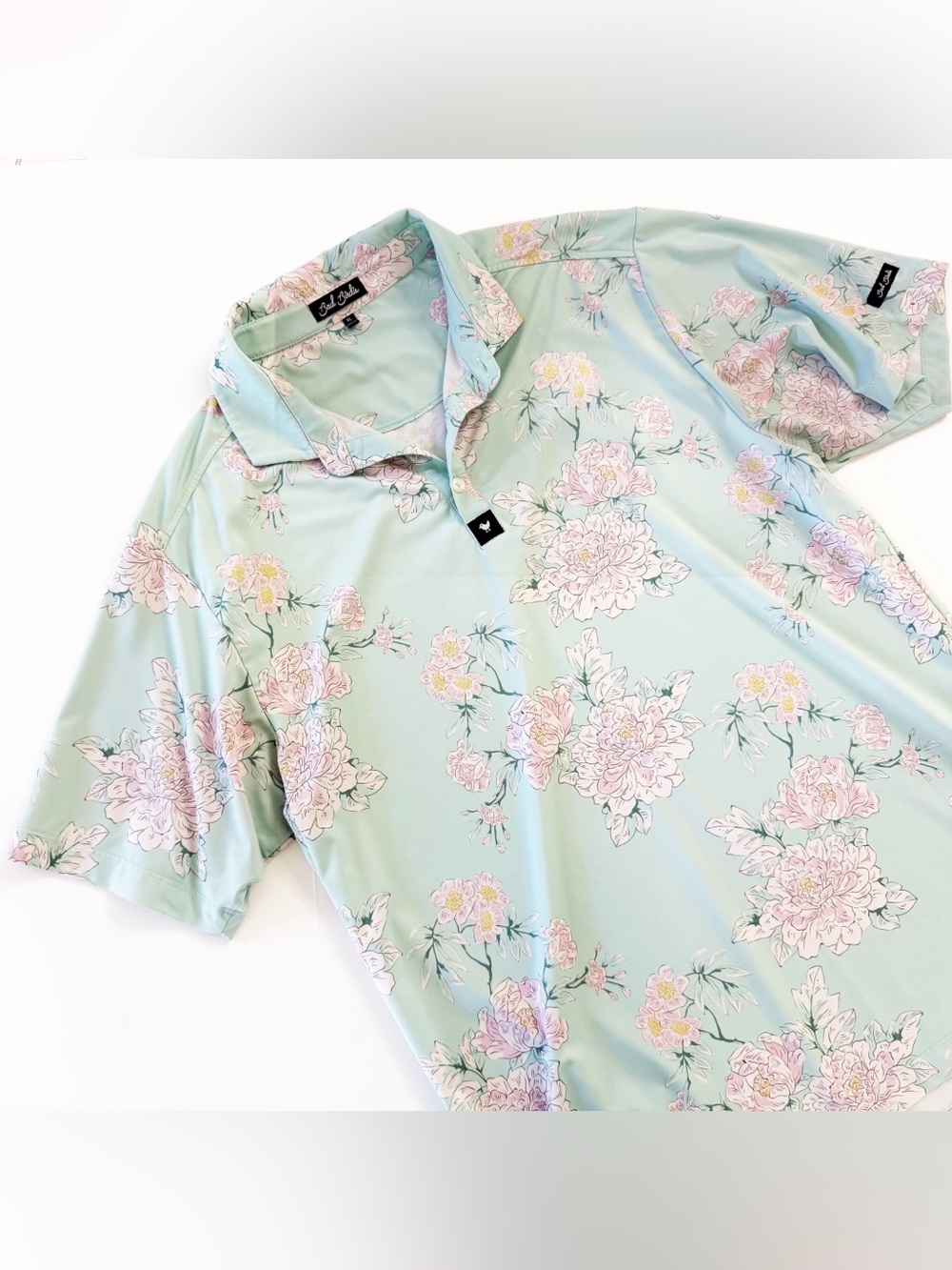 Bad Birdie Golf Polo Shirt Mens XL Performance Aqua Blue Floral Short Sleeve